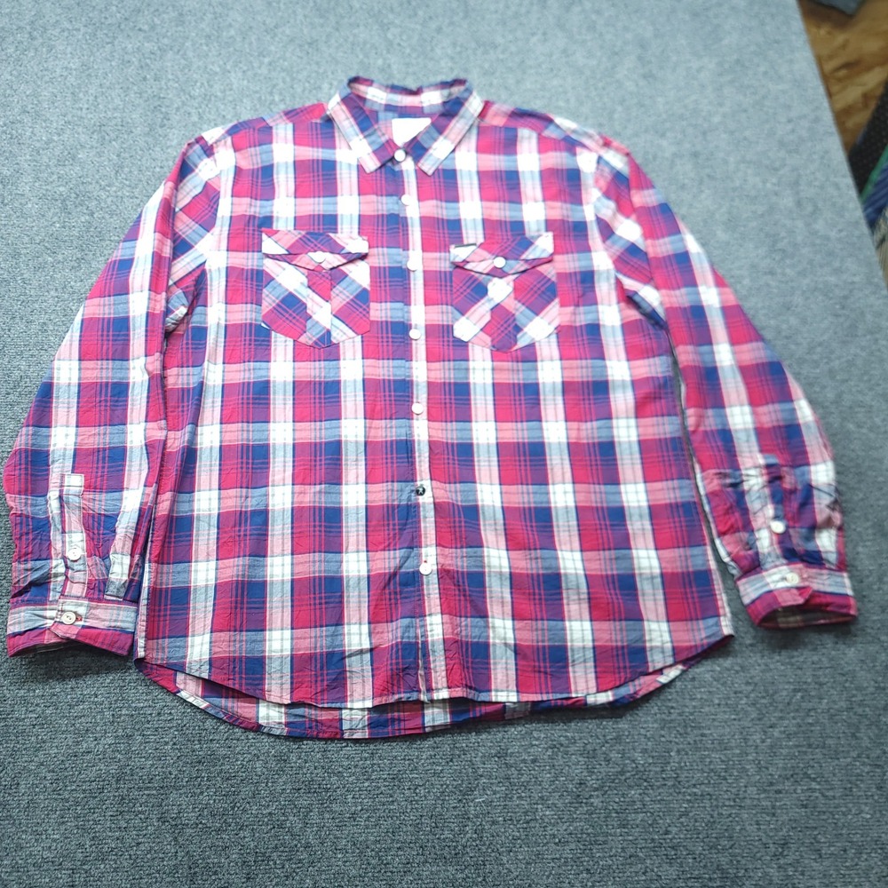 Marc Ecko Cut & Sew Mens XL Red Blue Plaid Cotton Button Down Shirt Long Sleeve